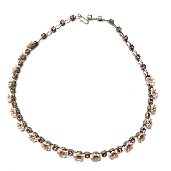 Vintage 1950s Pink Thermoset Flower and Rose Rhinestone Choker — 15 1/2" — EUC - Picture 5 of 7